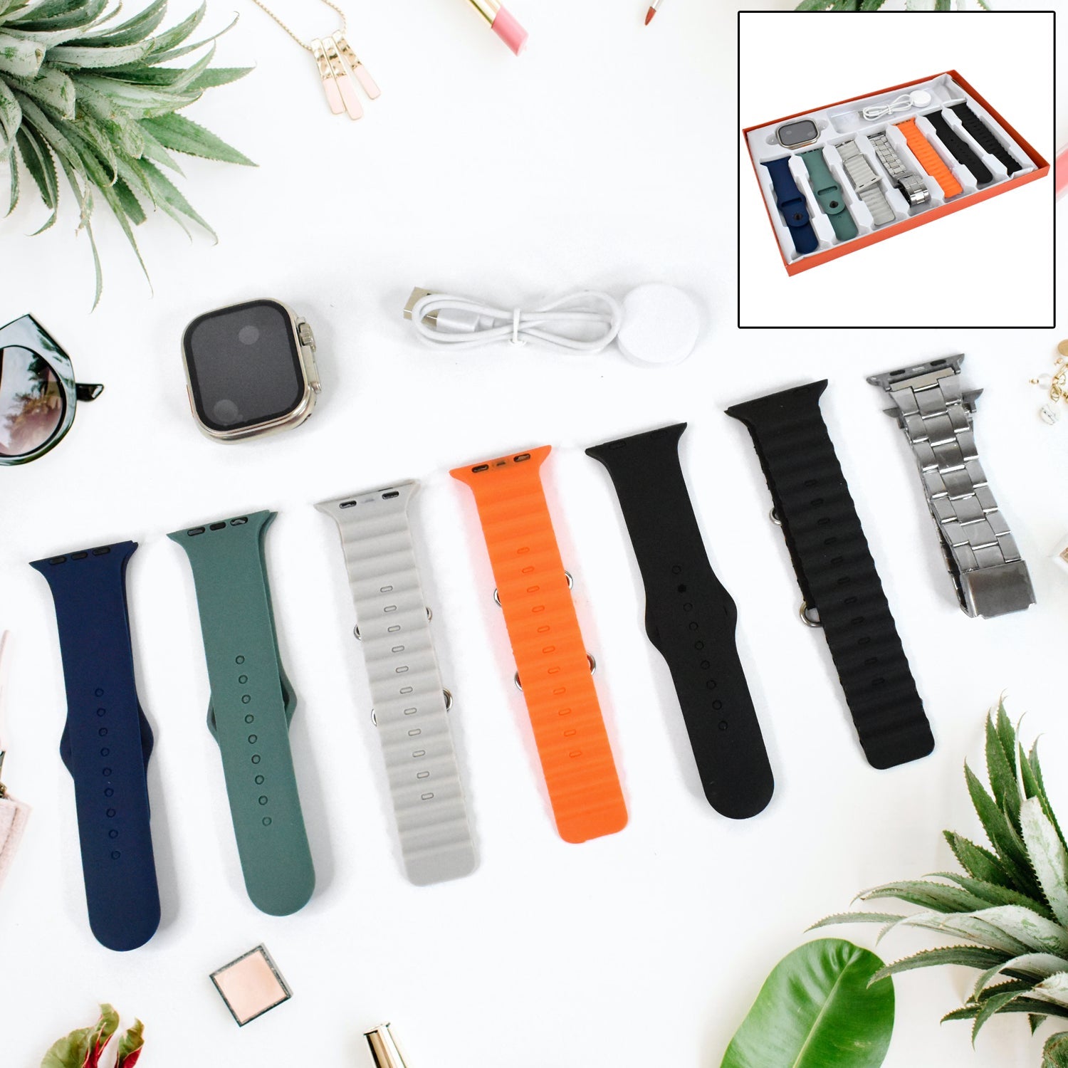 7 in 1 Ultra Smart watch Combo with Seven Classic Straps & Transparent Screen Guard (1 Set / Mix Color) 7 in 1 Ultra Smart watch Combo with Seven Classic Straps & Transparent Screen Guard (1 Set / Mix Color)